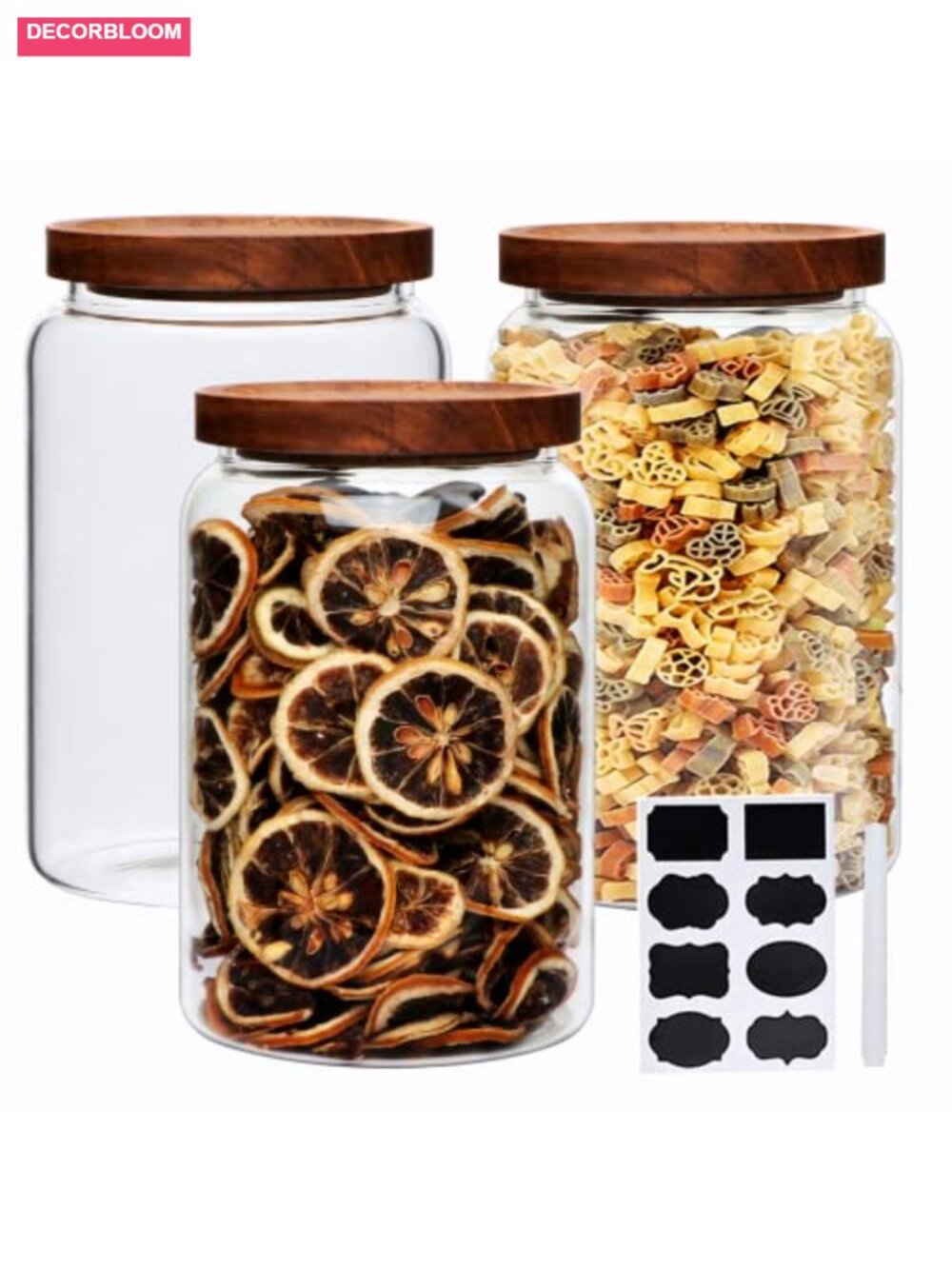 Set of 3 Large Glass Jars with Wooden Airtight Lids Food Storage Tea Spice
